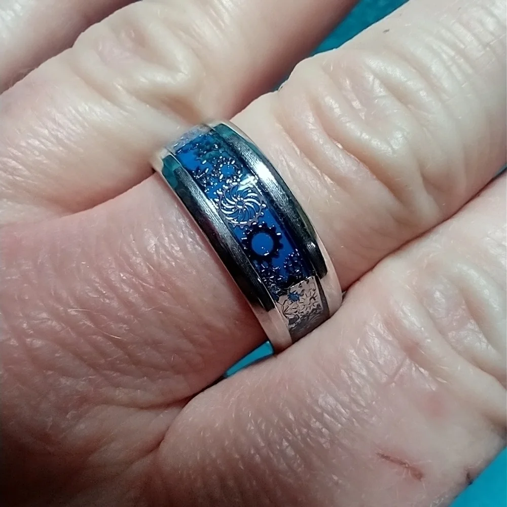 Silvertone blue industrial gear design band ring